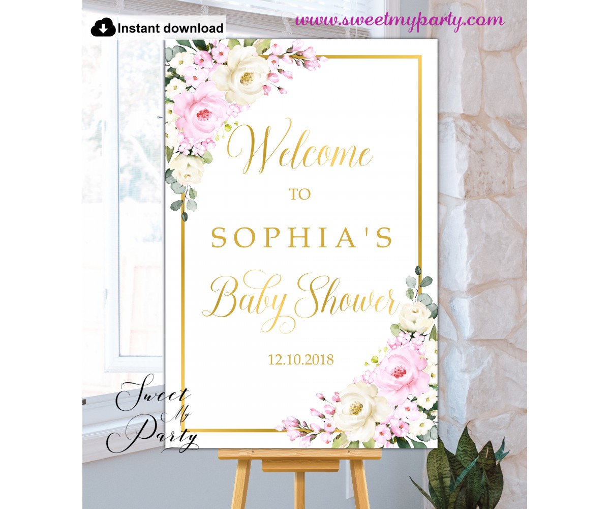Pink Ivory Baby Shower Welcome Sign template,(135)